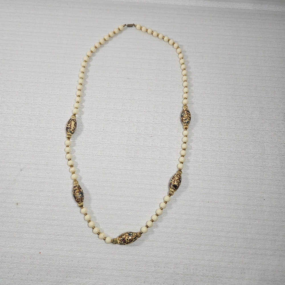Vintage Cream Beaded Necklace Hand Painted Barrel Beads Gold Tone boho artsy